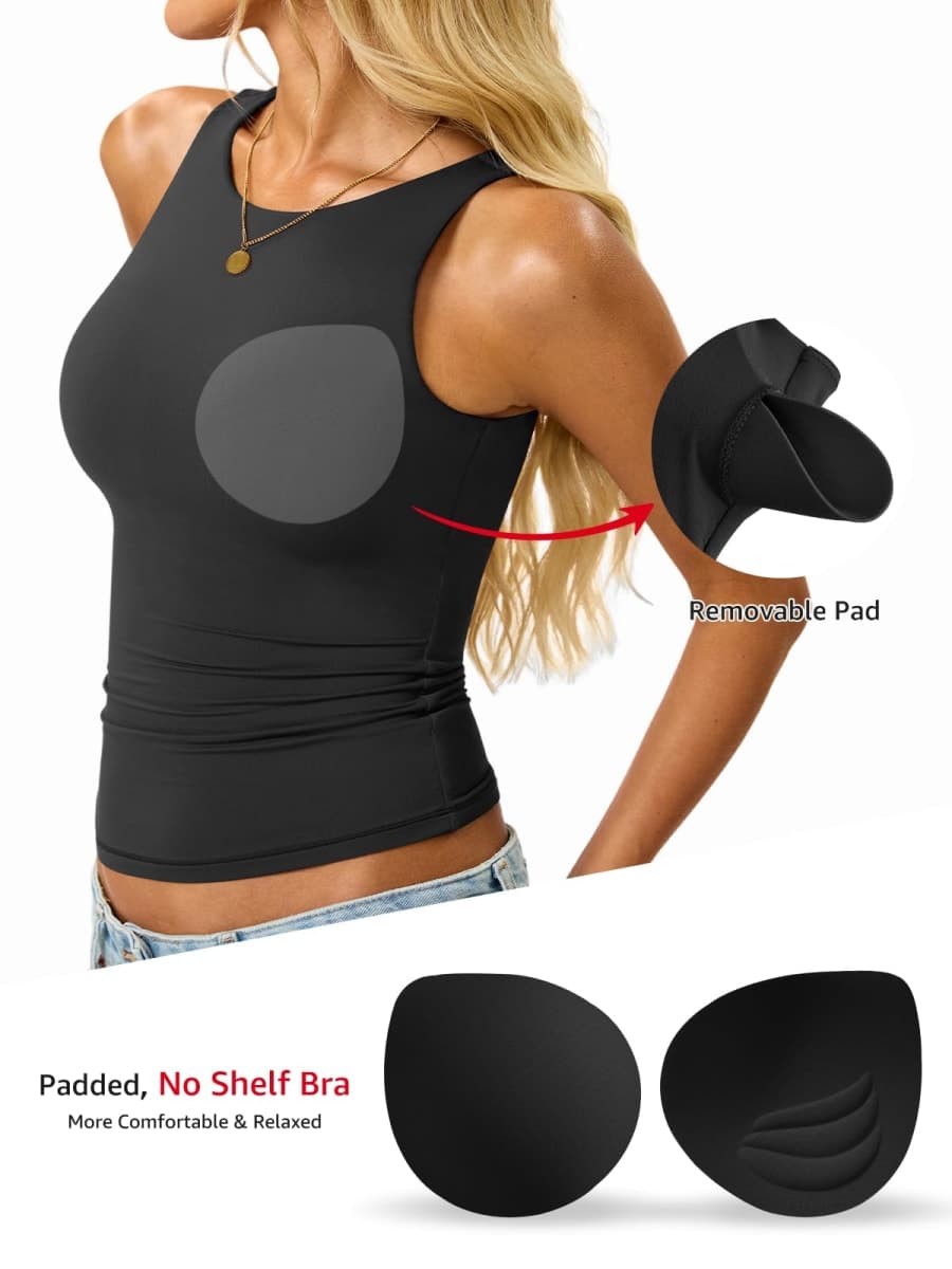 EasyGala Womens Padded Tank Tops Built-in Bra Double Lined Crew High Neck Racerback Basic Slim Fitted Sleeveless Shirts, Black, X-Small thumbnail 3