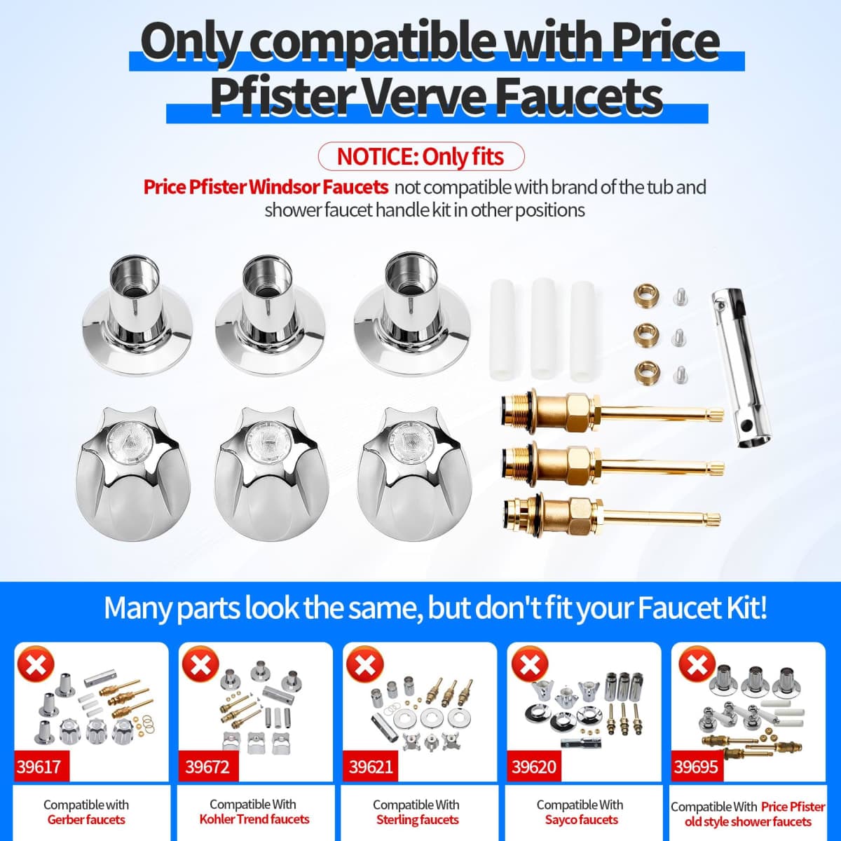 3 Handle 39619 Bathtub and Shower Remodel/Rebuild Trim Kit Compatible with Price Pfister Verve Faucets, Shower Faucet Knob Kit Includes 12H-2H 12H-2C 12H-18D Stems, Chrome knob Handle and Flange Base thumbnail 2