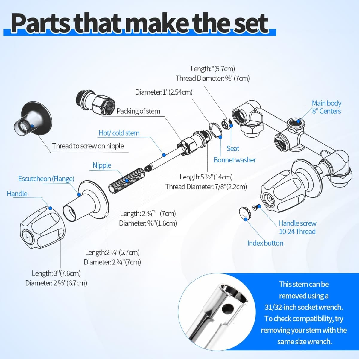 3 Handle 39619 Bathtub and Shower Remodel/Rebuild Trim Kit Compatible with Price Pfister Verve Faucets, Shower Faucet Knob Kit Includes 12H-2H 12H-2C 12H-18D Stems, Chrome knob Handle and Flange Base thumbnail 5