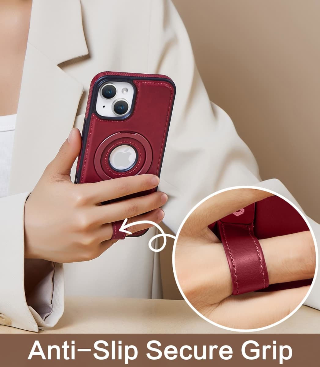 Butaiga for iPhone 15 Plus/iPhone 14 Plus Leather Case with Stand, Anti-Slip Grip Ring, Fits for MagSafe (Burgundy, iPhone15/14 Plus) thumbnail 3
