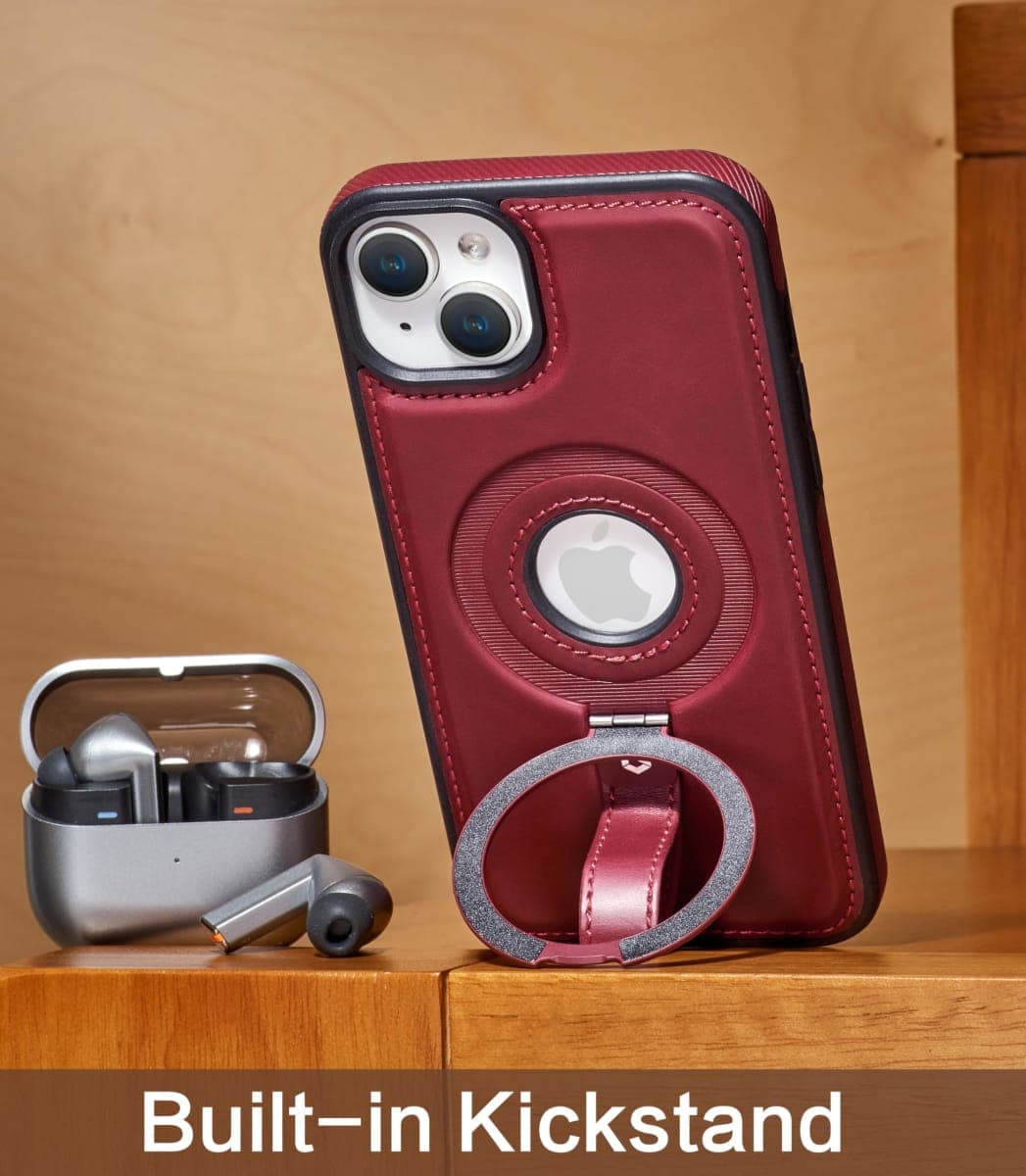 Butaiga for iPhone 15 Plus/iPhone 14 Plus Leather Case with Stand, Anti-Slip Grip Ring, Fits for MagSafe (Burgundy, iPhone15/14 Plus) thumbnail 4
