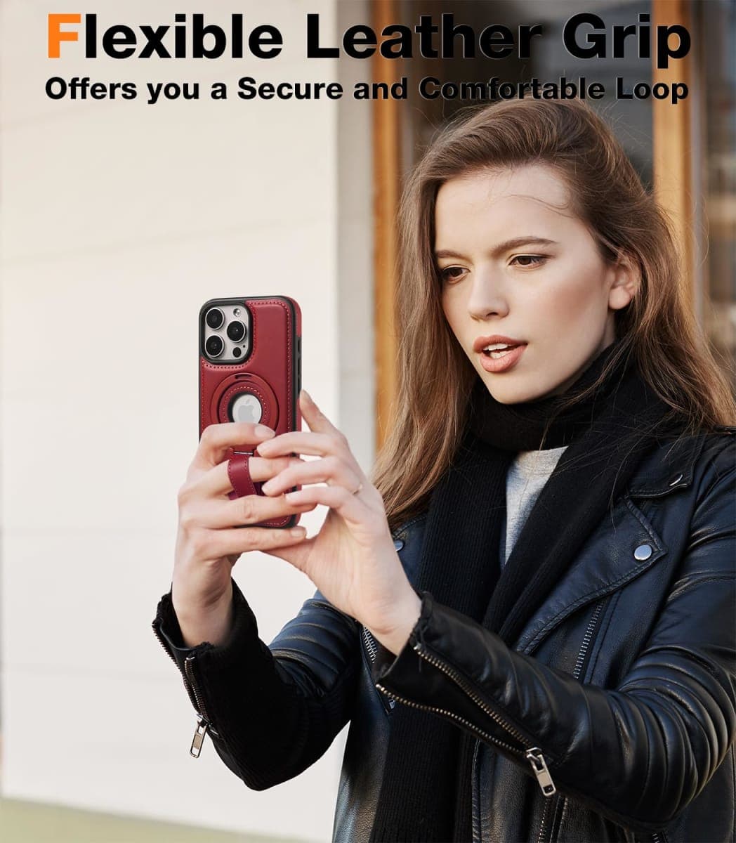 Butaiga for iPhone 15 Plus/iPhone 14 Plus Leather Case with Stand, Anti-Slip Grip Ring, Fits for MagSafe (Burgundy, iPhone15/14 Plus) thumbnail 5