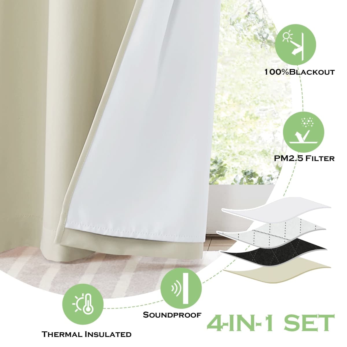 KGORGE 4-in-1 Soundproof Anti Dust 100% Blackout Curtains with Melt-Blown Layer Thermal Insulating Window Treatment Drapes for Living Room Bedroom Kis Nursery, W 52 x L 84, Cream Beige, 2 Panels thumbnail 5