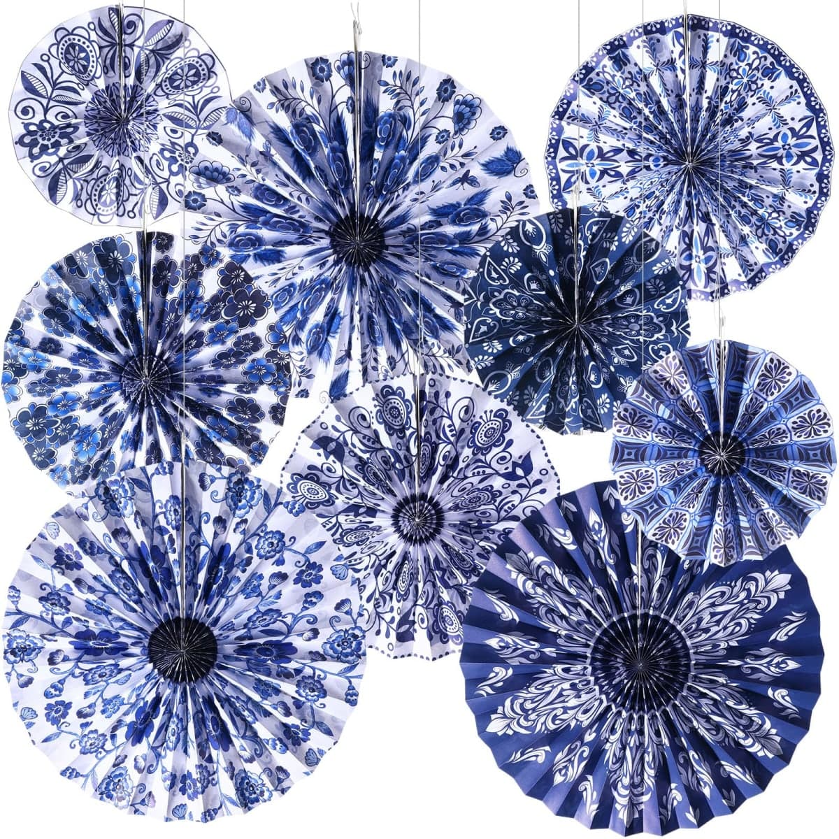 Dispowreath 9 Pcs Chinoiserie Hanging Decorations Blue Floral Paper Fans Blue and White Porcelain Print Hanging Ornaments Paper Fans for Wedding Baby Shower Birthday Party Decor — image 1