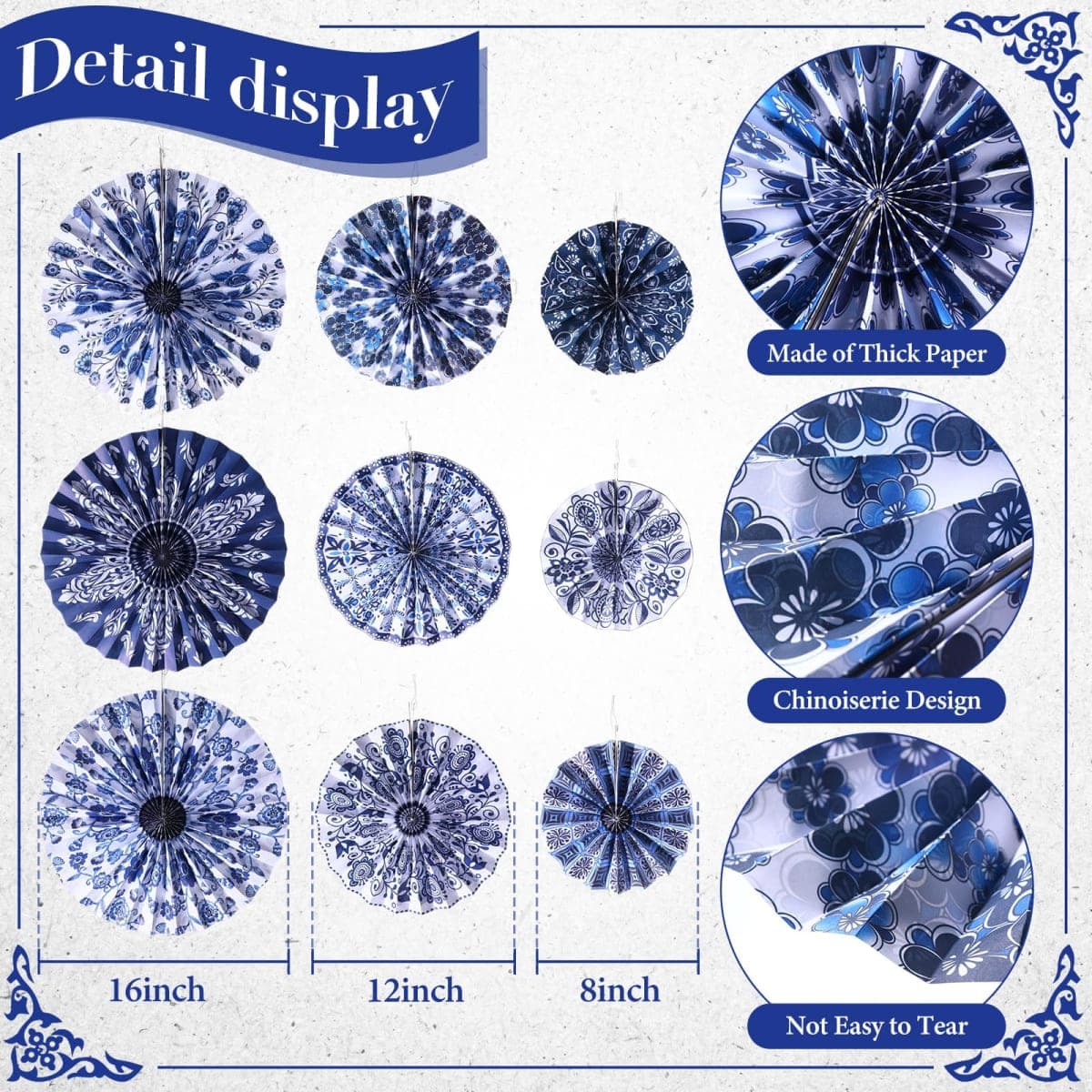 Dispowreath 9 Pcs Chinoiserie Hanging Decorations Blue Floral Paper Fans Blue and White Porcelain Print Hanging Ornaments Paper Fans for Wedding Baby Shower Birthday Party Decor thumbnail 2
