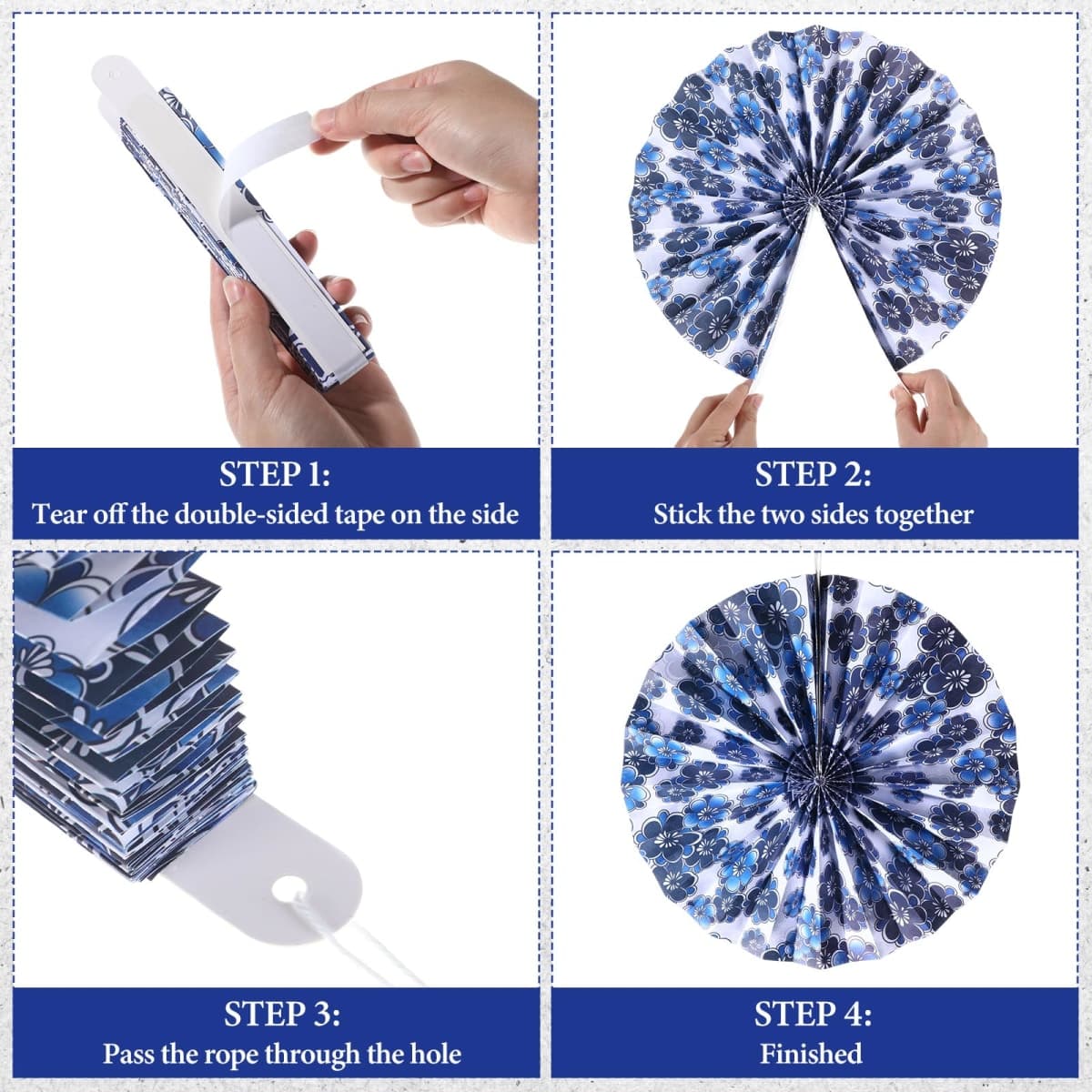 Dispowreath 9 Pcs Chinoiserie Hanging Decorations Blue Floral Paper Fans Blue and White Porcelain Print Hanging Ornaments Paper Fans for Wedding Baby Shower Birthday Party Decor thumbnail 3