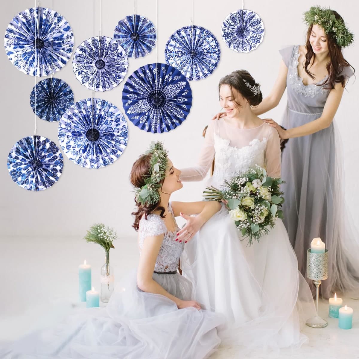 Dispowreath 9 Pcs Chinoiserie Hanging Decorations Blue Floral Paper Fans Blue and White Porcelain Print Hanging Ornaments Paper Fans for Wedding Baby Shower Birthday Party Decor thumbnail 4