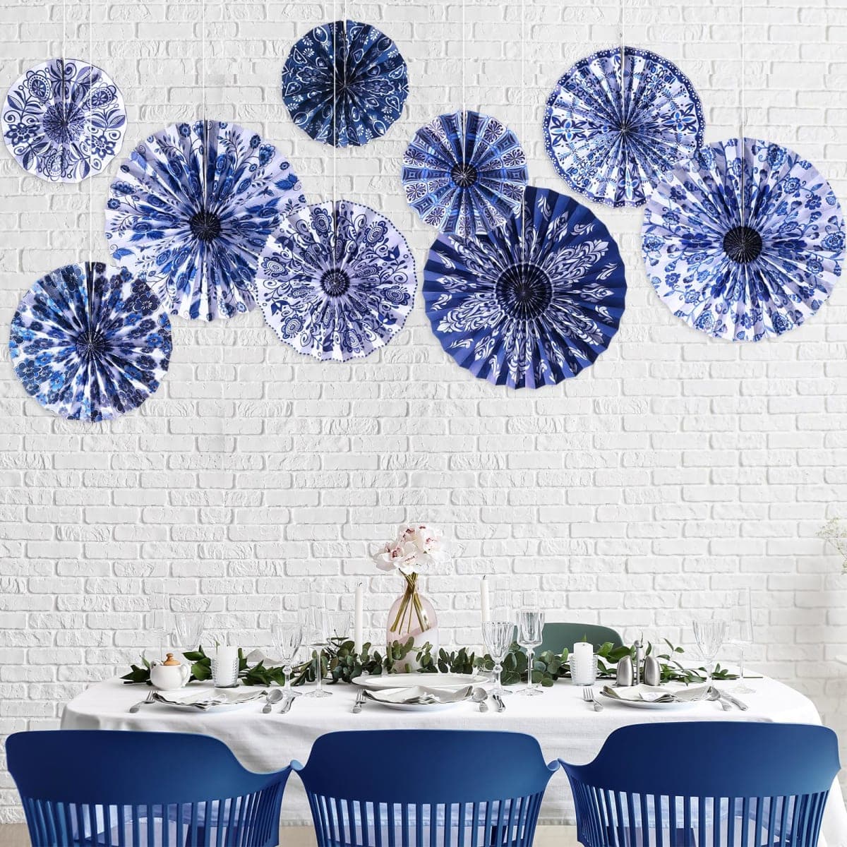 Dispowreath 9 Pcs Chinoiserie Hanging Decorations Blue Floral Paper Fans Blue and White Porcelain Print Hanging Ornaments Paper Fans for Wedding Baby Shower Birthday Party Decor thumbnail 5