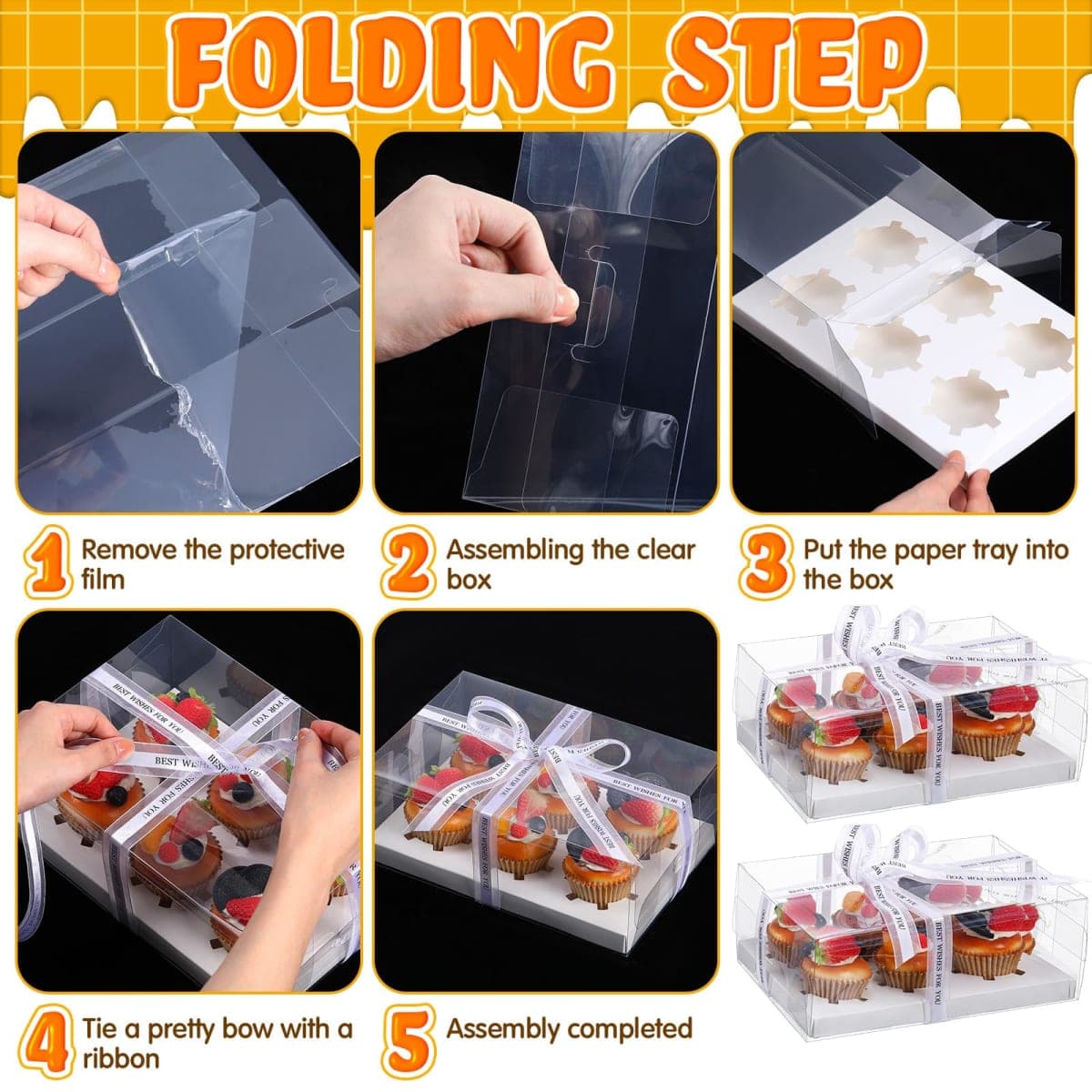 Dandat 24 Pack Clear Cupcake Boxes 6 Count Plastic Cupcake Containers with Gift Ribbon Rectangle Bakery Cake Boxes Cupcake Carrier Holder for Treat Dessert Muffins Birthday Wedding Mother's Day thumbnail 3
