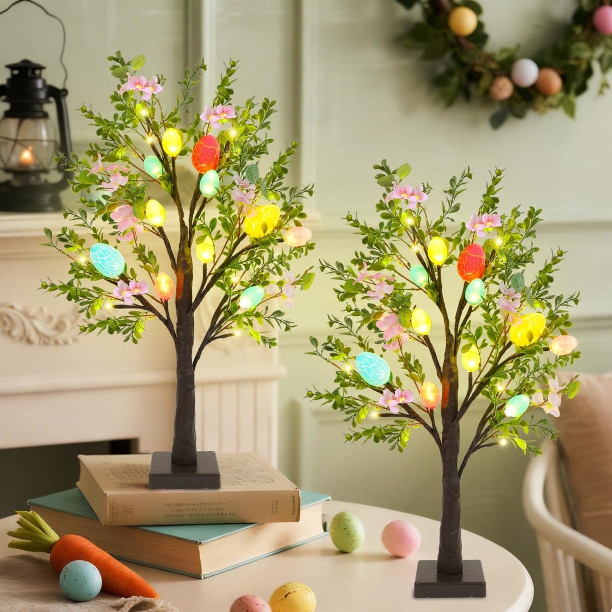 DR.DUDU Easter Decoration Set of 2 Lighted Artificial Tree with Easter Eggs & Colorful LED Lights, Light Up Tabletop Bonsai Tree for Table Home Holiday Spring Decor — image 1