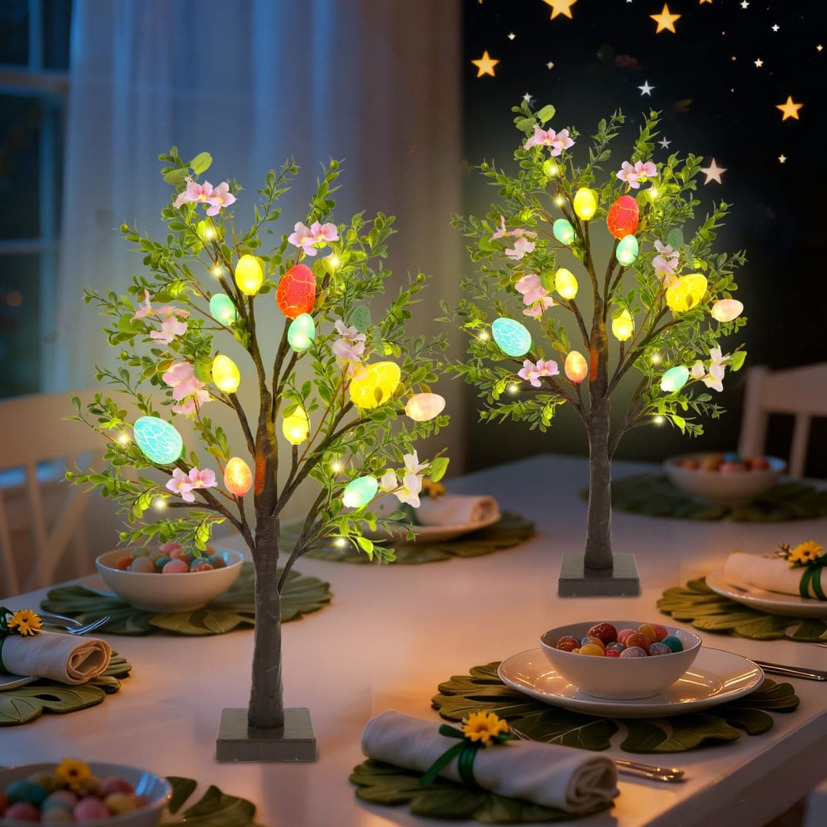 DR.DUDU Easter Decoration Set of 2 Lighted Artificial Tree with Easter Eggs & Colorful LED Lights, Light Up Tabletop Bonsai Tree for Table Home Holiday Spring Decor thumbnail 2