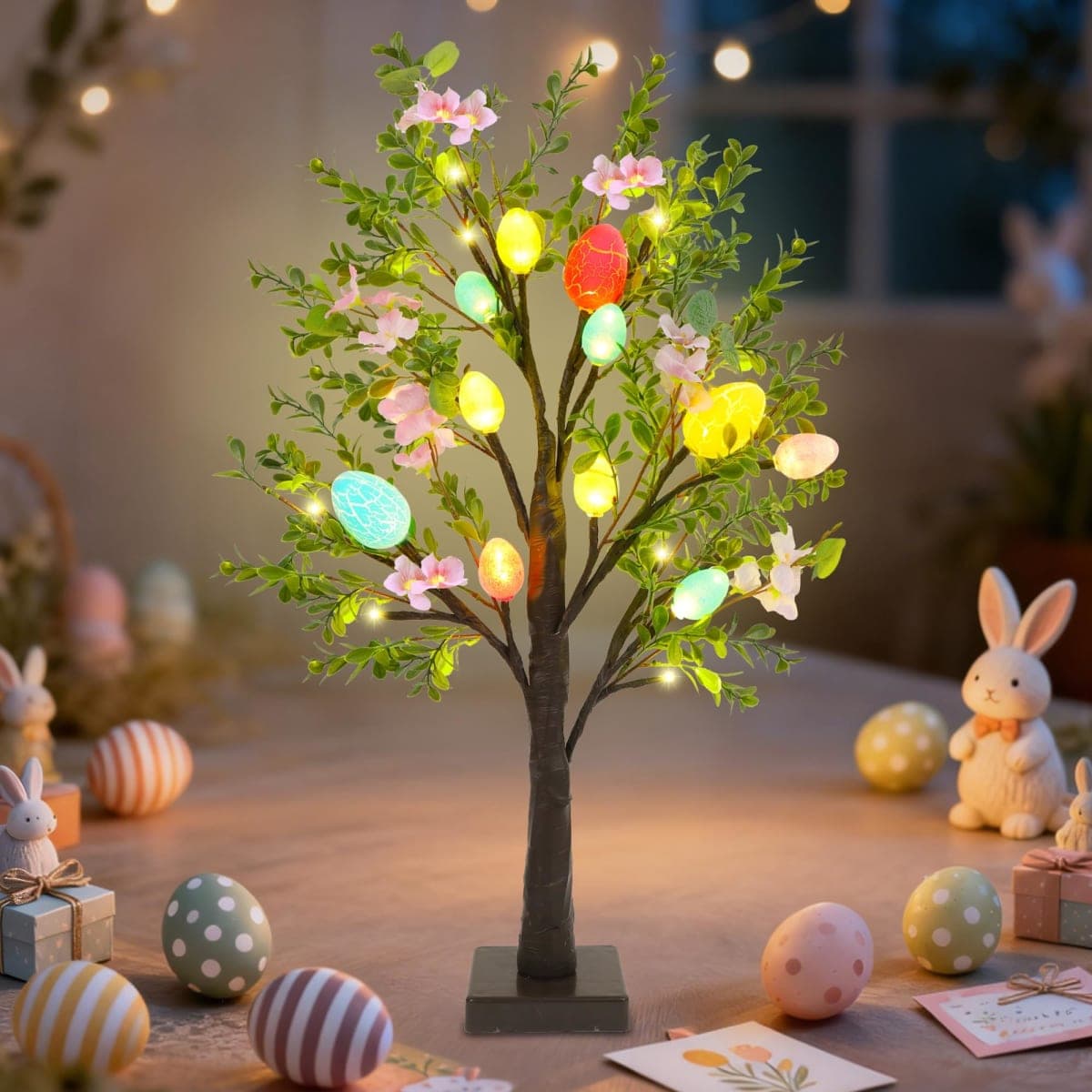 DR.DUDU Easter Decoration Set of 2 Lighted Artificial Tree with Easter Eggs & Colorful LED Lights, Light Up Tabletop Bonsai Tree for Table Home Holiday Spring Decor thumbnail 4