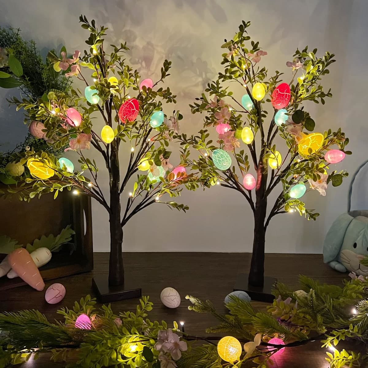 DR.DUDU Easter Decoration Set of 2 Lighted Artificial Tree with Easter Eggs & Colorful LED Lights, Light Up Tabletop Bonsai Tree for Table Home Holiday Spring Decor thumbnail 5