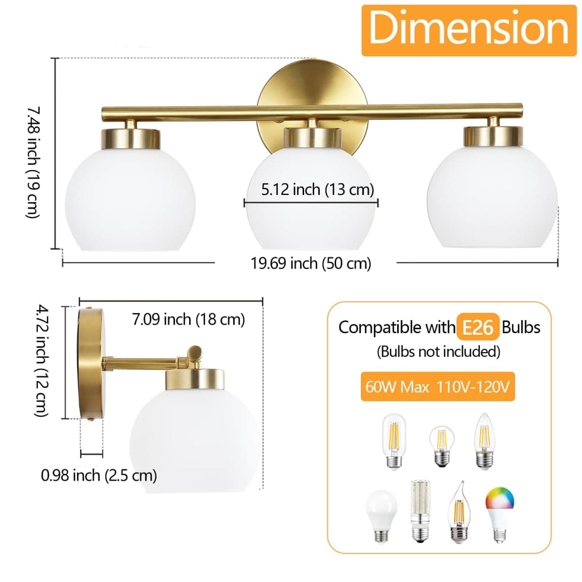 3 Light Bathroom Vanity Light, 20" Brushed Gold Bathroom Light Fixtures Over Mirror with Milky White Glass Globe Shade, Mid Century Modern Brass Wall Sconces, E26 Socket thumbnail 3