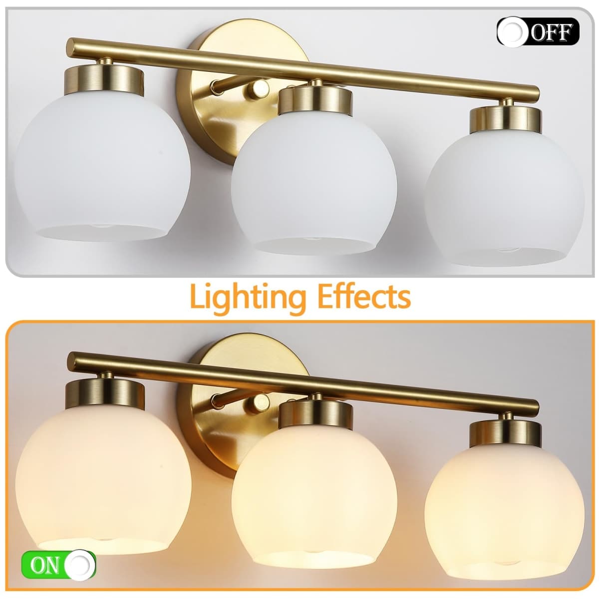 3 Light Bathroom Vanity Light, 20" Brushed Gold Bathroom Light Fixtures Over Mirror with Milky White Glass Globe Shade, Mid Century Modern Brass Wall Sconces, E26 Socket thumbnail 5