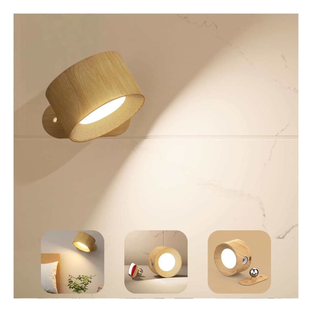 AKSDA Battery Operated Wall Light, LED Wall Sconce with 3 Color Modes 3 Brightness Levels 360°Rotation Lighting Touch Control, Wall Mounted Lamp Cordless Wall Lamp for Bedroom Reading Bedside-1Pack — image 1