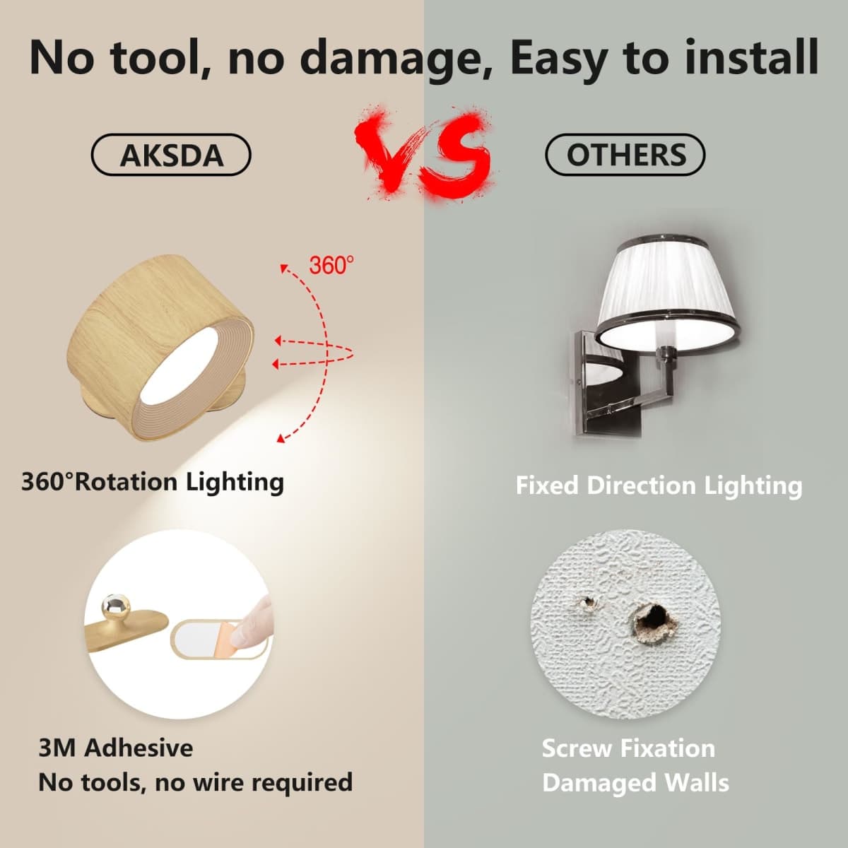 AKSDA Battery Operated Wall Light, LED Wall Sconce with 3 Color Modes 3 Brightness Levels 360°Rotation Lighting Touch Control, Wall Mounted Lamp Cordless Wall Lamp for Bedroom Reading Bedside-1Pack thumbnail 2