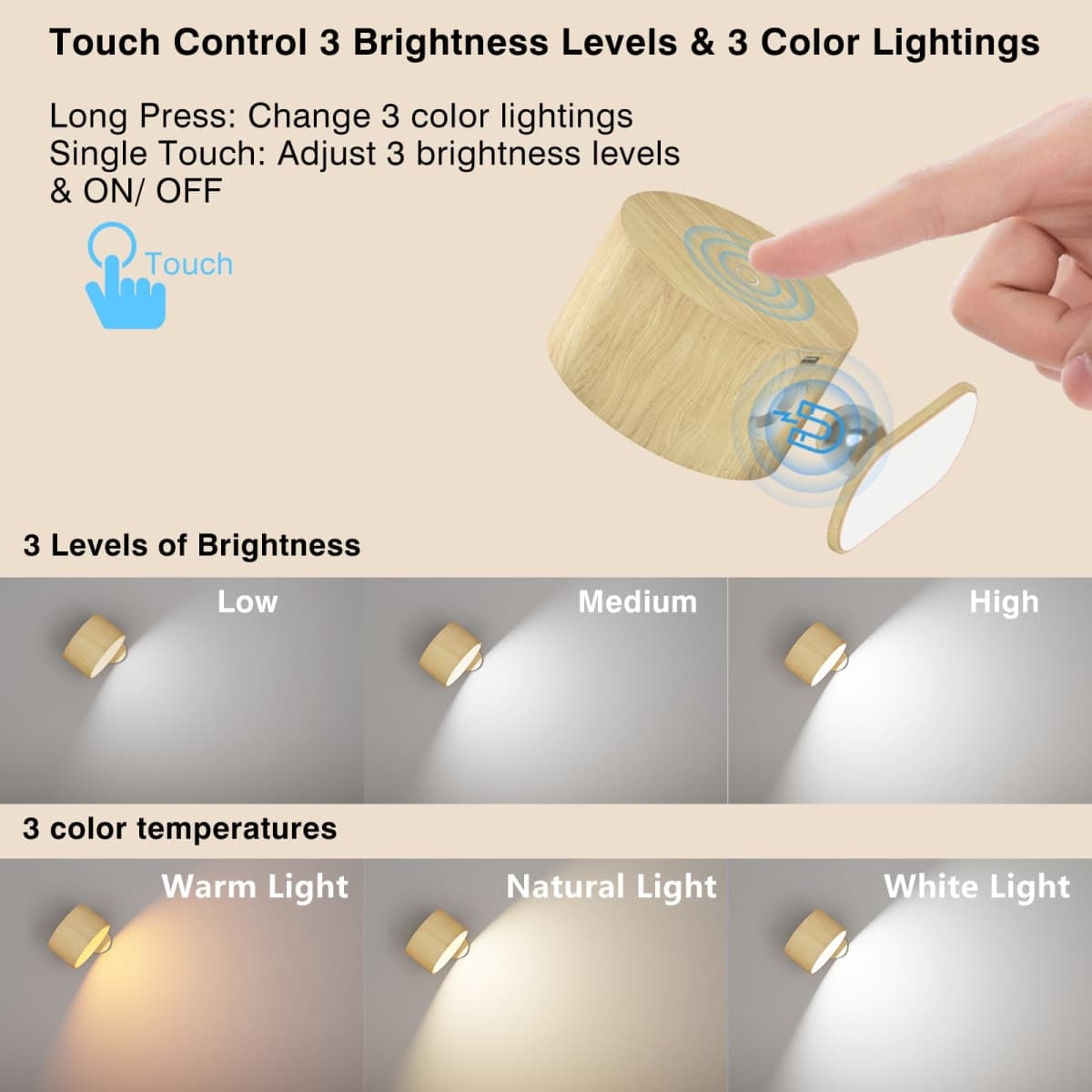AKSDA Battery Operated Wall Light, LED Wall Sconce with 3 Color Modes 3 Brightness Levels 360°Rotation Lighting Touch Control, Wall Mounted Lamp Cordless Wall Lamp for Bedroom Reading Bedside-1Pack thumbnail 3