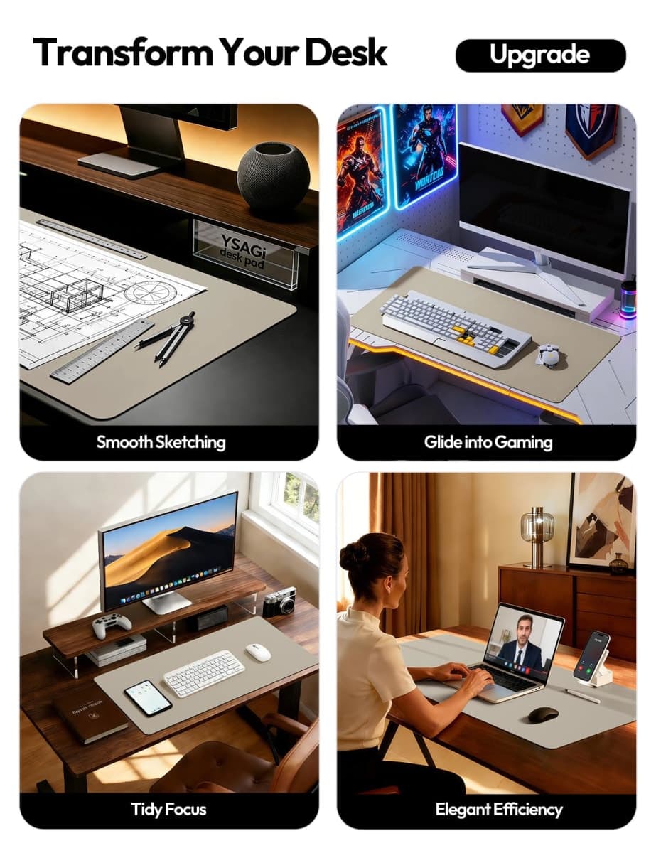 YSAGi Leather Desk Pad Protector, Office Desk Mat, Large Mouse Pad, Non-Slip PU Leather Desk Blotter, Laptop Desk Pad, Waterproof Desk Writing Pad for Office and Home (Olive Beige, 23.6" x 13.8") thumbnail 2