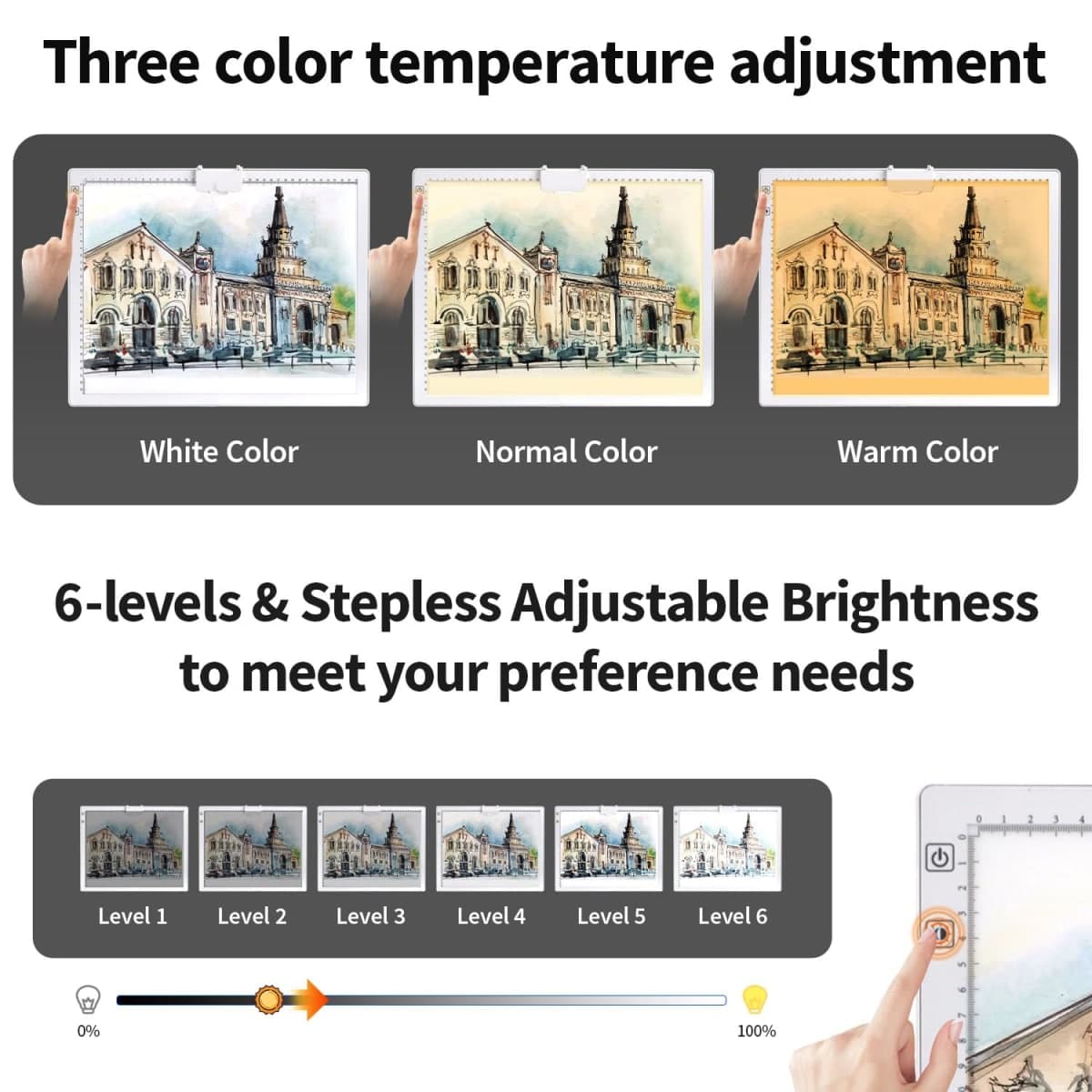 Rechargeable A3 Diamond Art Light Board with Padded Case,Light Pad with Stand,3 Colors Stepless Dimmable and 6 Levels of Brightness Light Box for tracing,Diamond Painting,Drawing,Sketching(White) thumbnail 5
