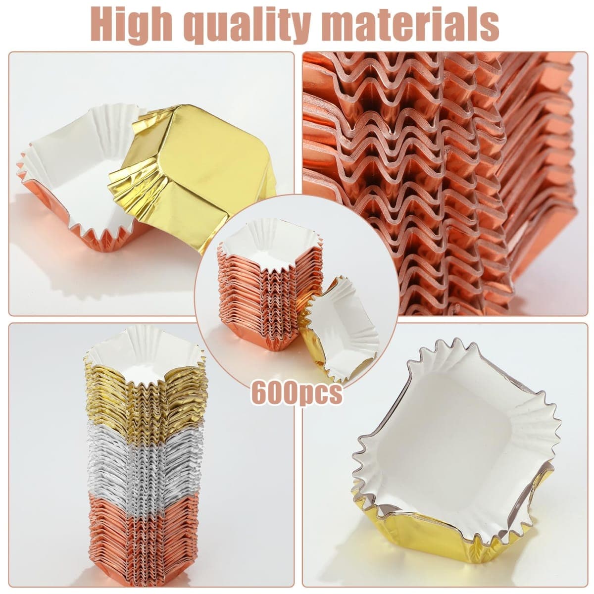 Layhit 600 Pcs Square Mini Foil Cupcake Liners Disposable Brownie Square Baking Cups Foil Muffin Liners Cupcake Papers Party Supplies for Weddings Birthdays Baby Showers, Gold, Sliver, and Rose Gold thumbnail 2