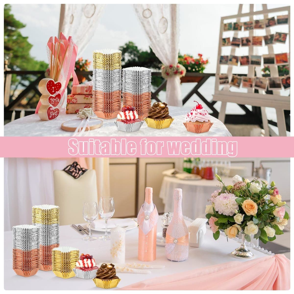 Layhit 600 Pcs Square Mini Foil Cupcake Liners Disposable Brownie Square Baking Cups Foil Muffin Liners Cupcake Papers Party Supplies for Weddings Birthdays Baby Showers, Gold, Sliver, and Rose Gold thumbnail 5