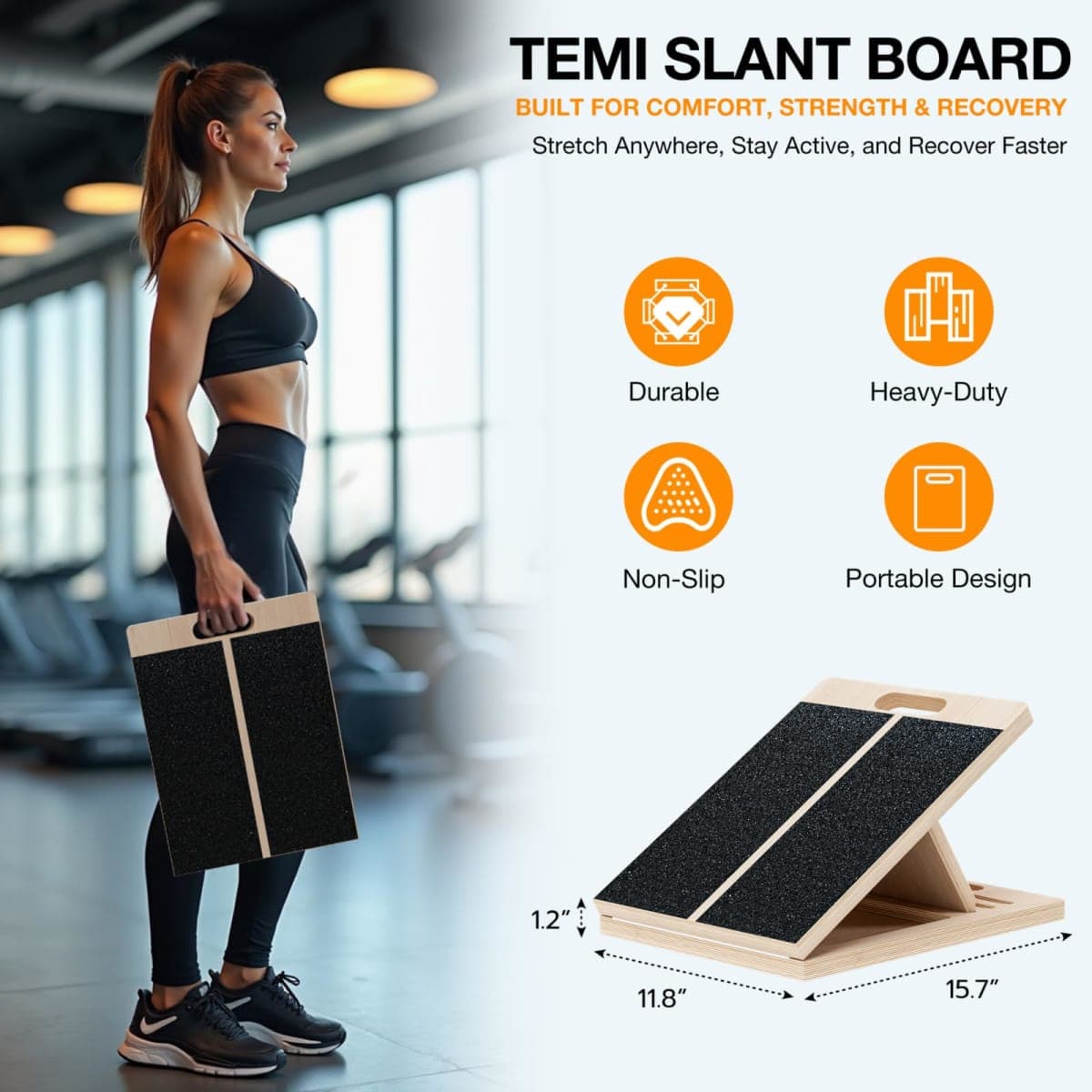 TEMI Slant Board for Calf-Stretching - Wooden Incline Wedge Stretcher for Squats, Foot & Ankle Mobility, Portable Fitness Equipment, Balance Block for Heel Stretch, Knees Over Toes Training thumbnail 2