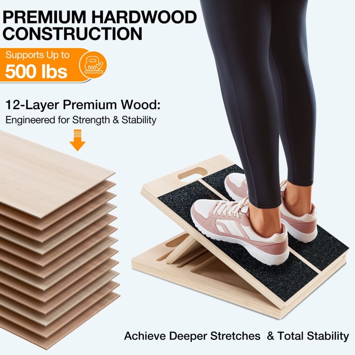 TEMI Slant Board for Calf-Stretching - Wooden Incline Wedge Stretcher for Squats, Foot & Ankle Mobility, Portable Fitness Equipment, Balance Block for Heel Stretch, Knees Over Toes Training thumbnail 3