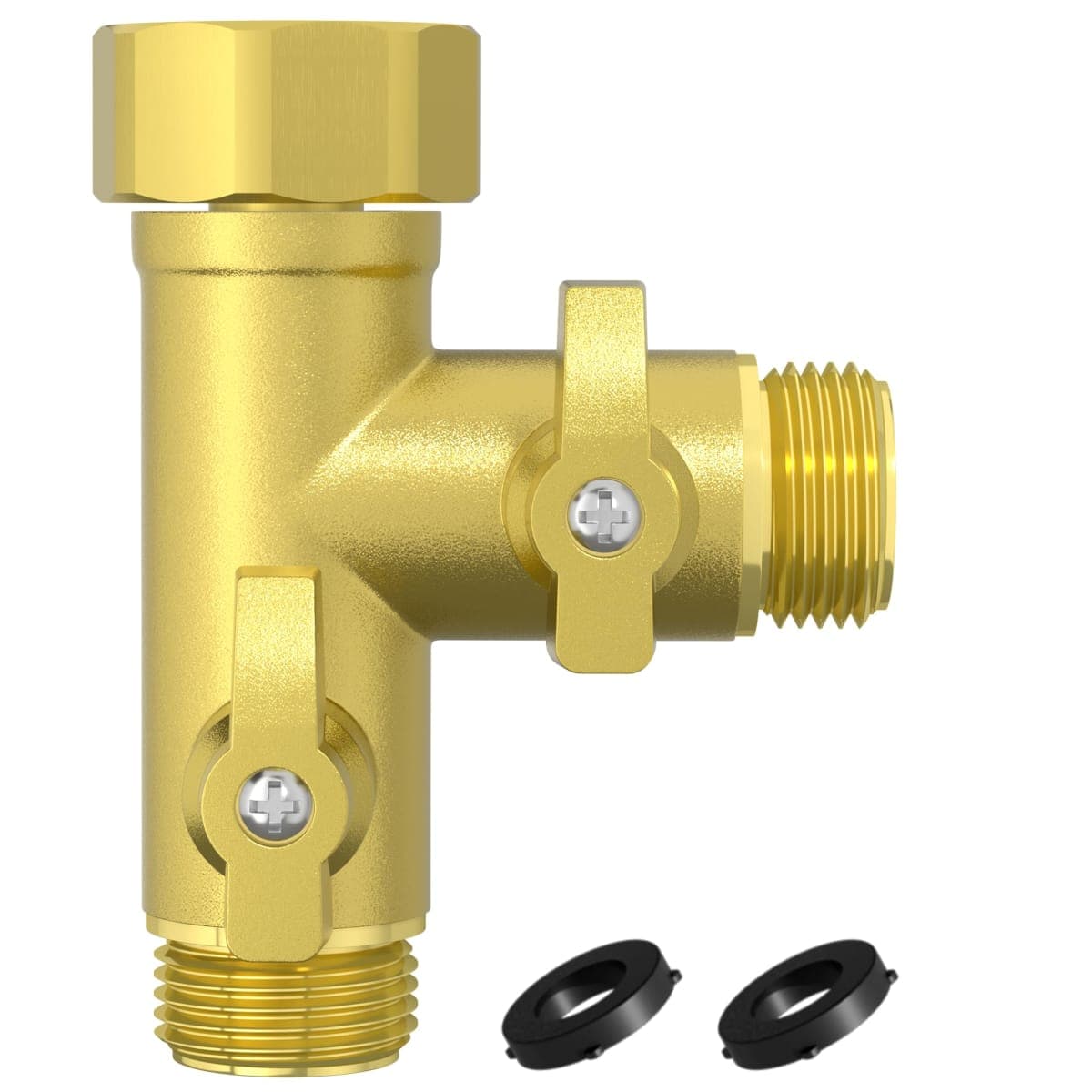 SANTONG High Flow Solid Metal 2 Way ├ Type Garden Hose Splitter with Shut-Off Valves, 360 Degree Rotation 3/4" Spigot Faucet Connectors with 2 Extra Silicone Washers(Golden) — image 1