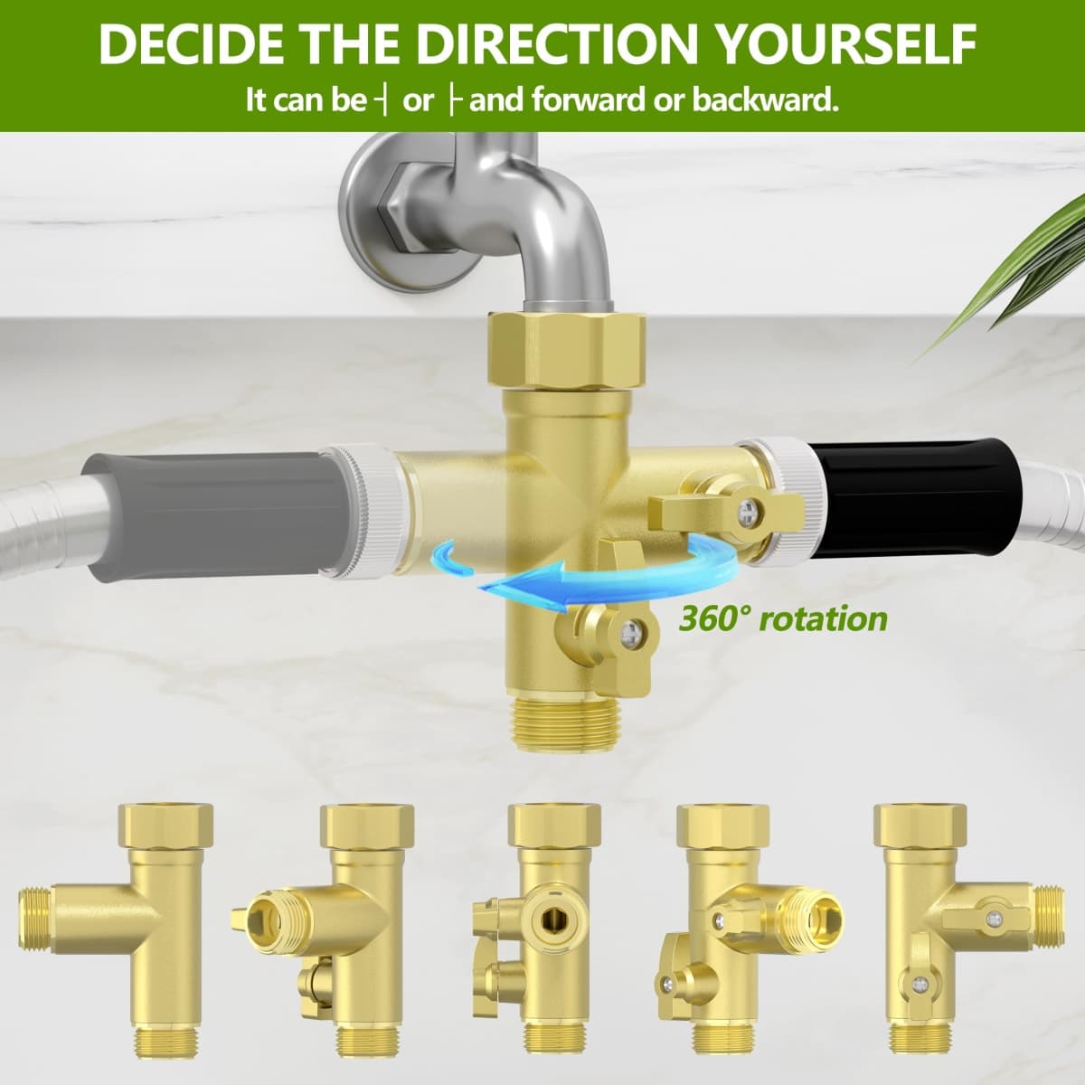 SANTONG High Flow Solid Metal 2 Way ├ Type Garden Hose Splitter with Shut-Off Valves, 360 Degree Rotation 3/4" Spigot Faucet Connectors with 2 Extra Silicone Washers(Golden) thumbnail 3