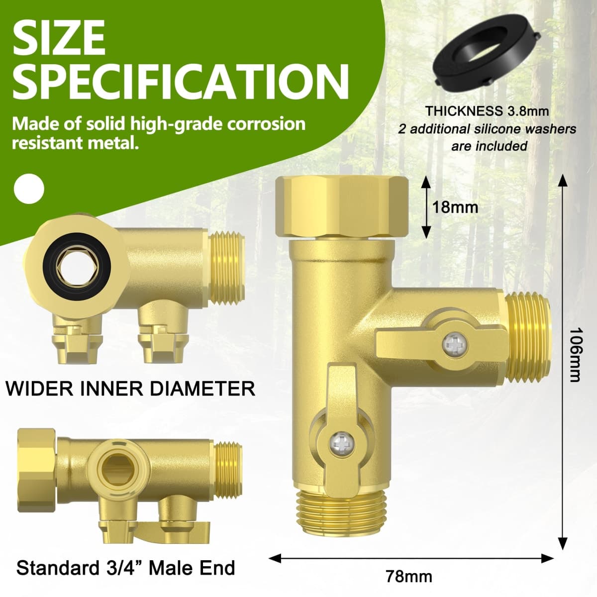 SANTONG High Flow Solid Metal 2 Way ├ Type Garden Hose Splitter with Shut-Off Valves, 360 Degree Rotation 3/4" Spigot Faucet Connectors with 2 Extra Silicone Washers(Golden) thumbnail 4