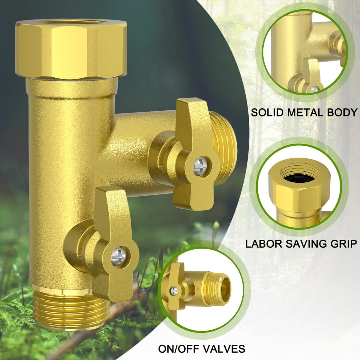 SANTONG High Flow Solid Metal 2 Way ├ Type Garden Hose Splitter with Shut-Off Valves, 360 Degree Rotation 3/4" Spigot Faucet Connectors with 2 Extra Silicone Washers(Golden) thumbnail 5