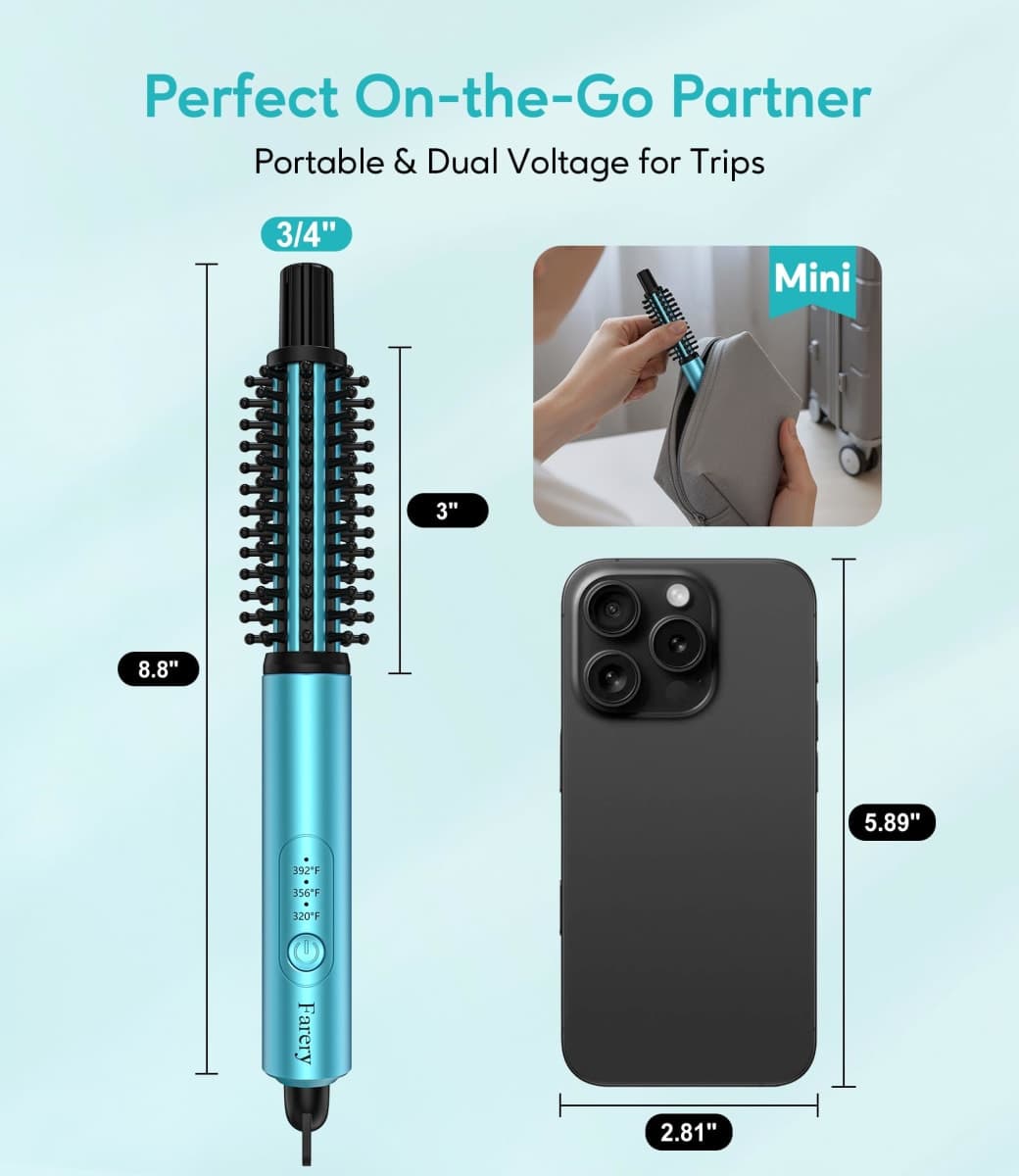 Farery Mini Thermal Brush 3 Temperature Adjustable, 3/4 Inch Travel Curling Iron for Short Hair, Heated Round Brush for Touch-ups and Small Curls, Lightweight Curling Wand for Thin Hair, Dual Voltage thumbnail 2