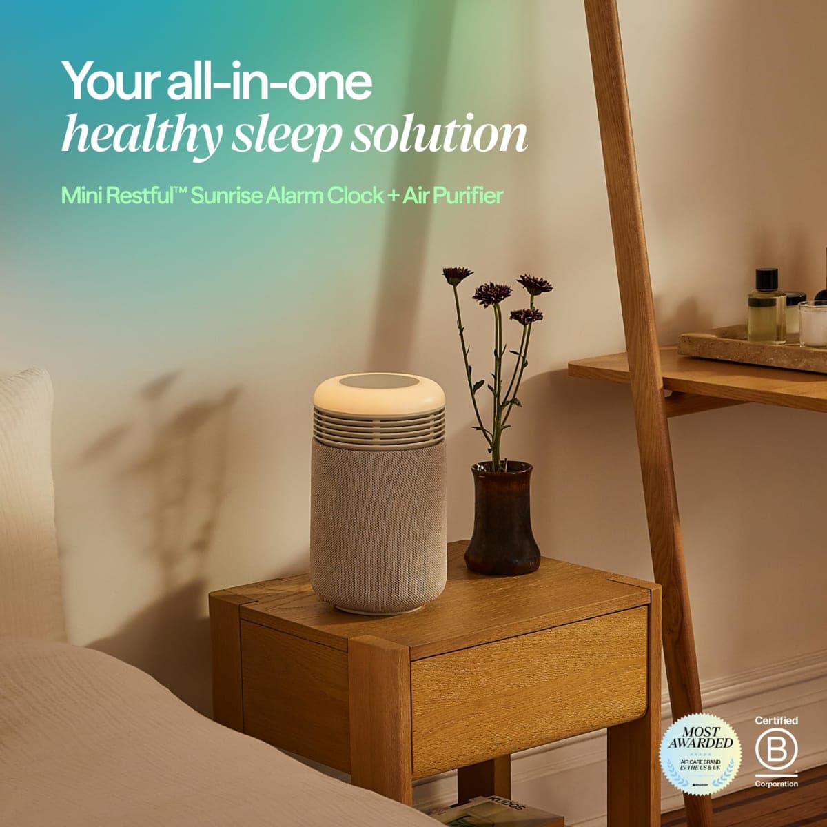BLUEAIR Purifier for Bedroom - Mini Restful - Sunrise Clock with HEPASilent Filtration and Wake Up Light - Cleans Air and Supports Circadian Rhythm - USB-C and App Connectivity, Beige thumbnail 2