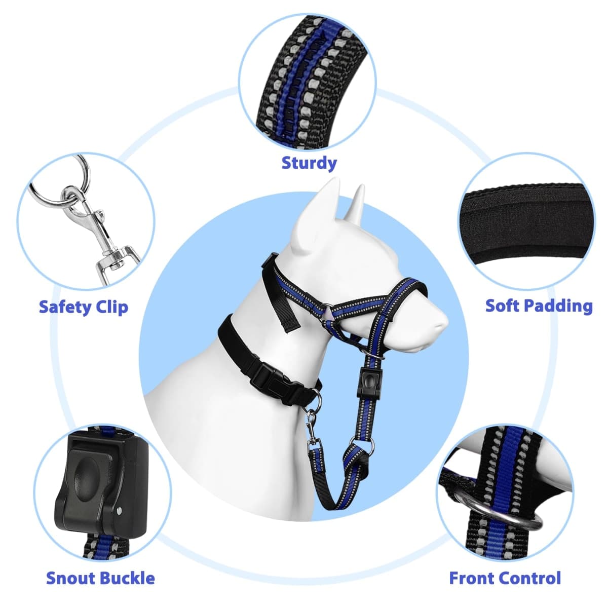 BARKLESS Soft Dog Head Collar, Padded No Pull Head Halter, Training Nose Leash with Safety Link for Medium Large Dogs, Adjustable Muzzle Leash, Easy Control for Walking(Blue, L) thumbnail 2