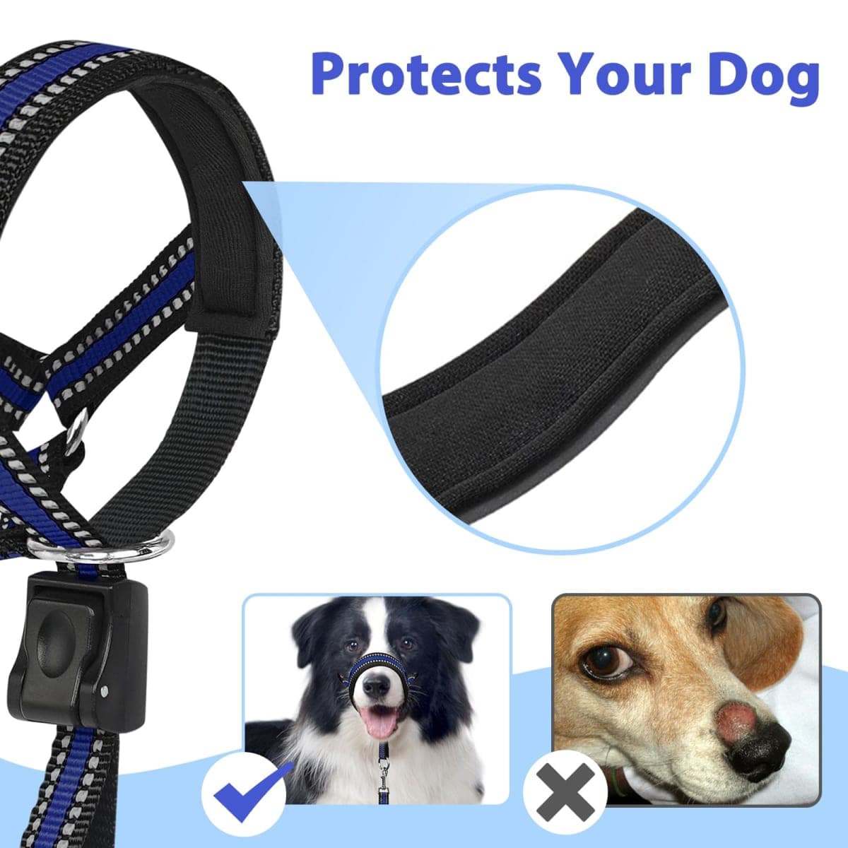 BARKLESS Soft Dog Head Collar, Padded No Pull Head Halter, Training Nose Leash with Safety Link for Medium Large Dogs, Adjustable Muzzle Leash, Easy Control for Walking(Blue, L) thumbnail 5