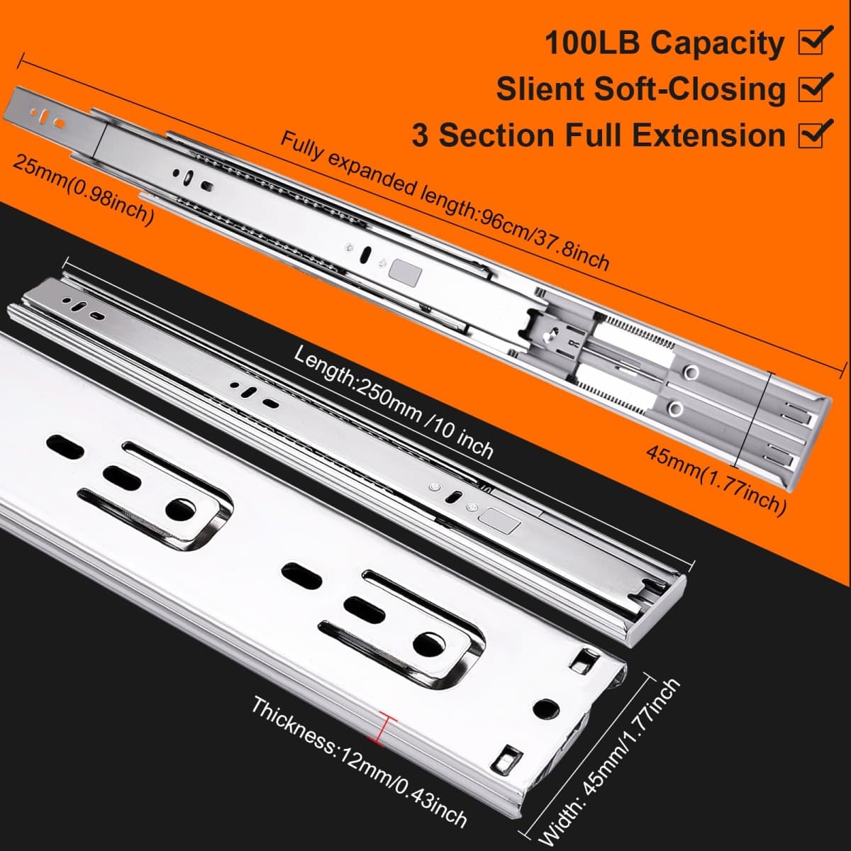 JI2OOYI 10 Inch Soft Close Drawer Slides, 6 Pairs (12pcs), Side Mount, Silver, Steel, Full Extension, 100 LB Capacity thumbnail 2