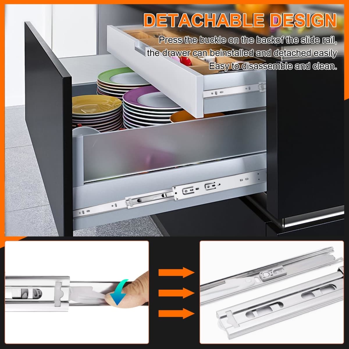JI2OOYI 10 Inch Soft Close Drawer Slides, 6 Pairs (12pcs), Side Mount, Silver, Steel, Full Extension, 100 LB Capacity thumbnail 5