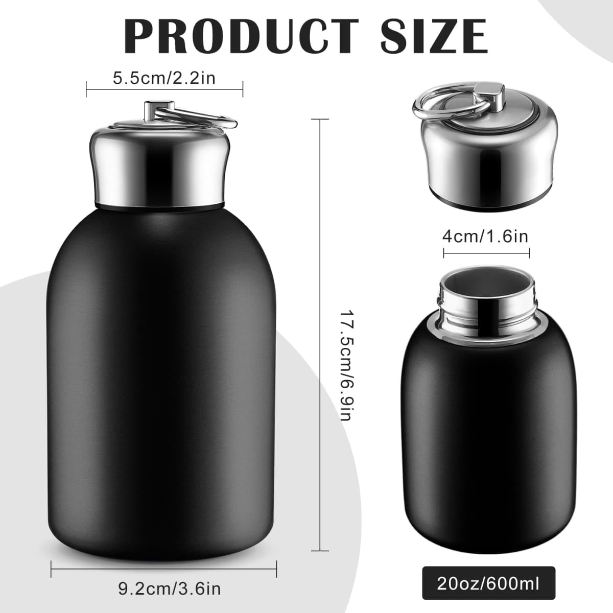 Mifoci 1 Pcs 20oz Water Bottle Stainless Steel Insulated Thermal for Hot Cold Drink Thermal Metal Vacuum Portable Water Bottle for Women Gifts Travel Camping Hiking (Black) thumbnail 2