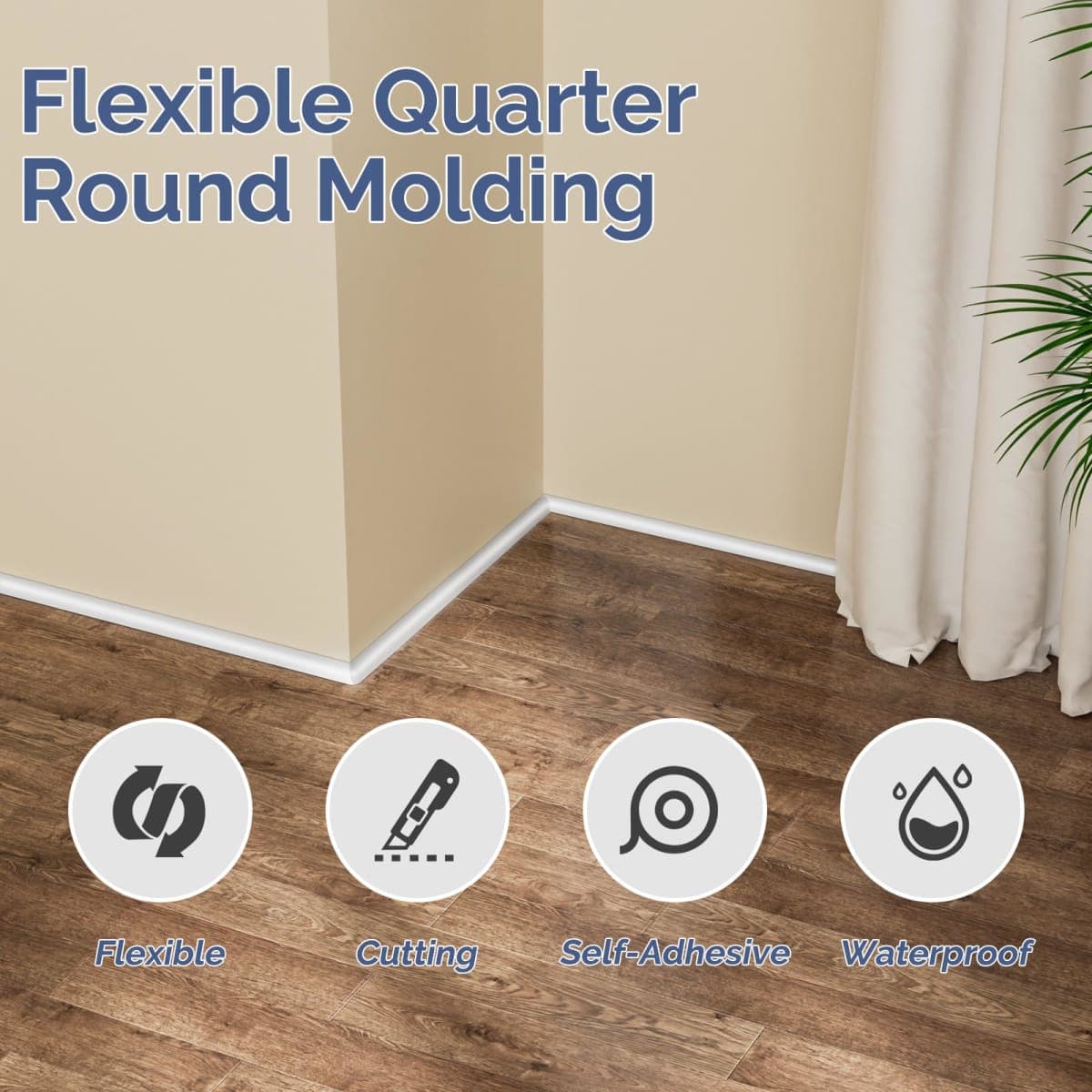 Flexible Quarter Round Molding - 158 Inch Peel and Stick Rubber Quarter Round Trim, Self-Adhesive Bathtub Edge Trim Molding, Suitable for Wall Edge, Floor Corner, Staircase Cabinet Edge (White) thumbnail 4