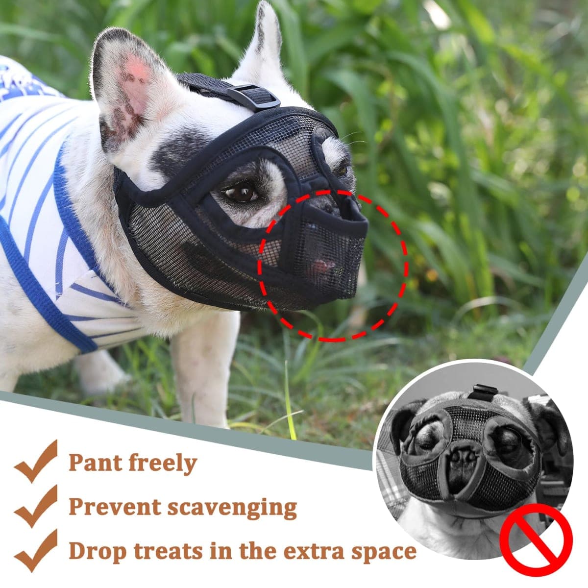 Mayerzon Short Snout Dog Muzzle for French Bulldog with Full Pant Design to Prevent Eating Biting, Soft Mesh Dog Muzzle for Shih Tzu Pug English Bulldog for Grooming Walking, Allow to Drink and Feed thumbnail 3