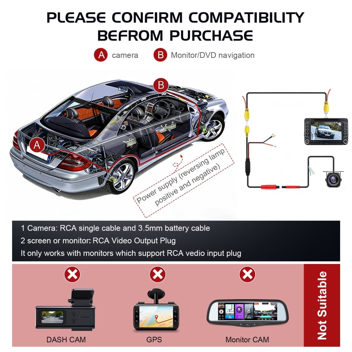 Backup Camera for Cars - HD/CVBS Image 170° Wide Angle, Super Night Vision, IP68K Waterproof, Metal Housing, Universal for 12V Vehicles (SUV, Truck, RV, Minivan) (Black- lincense Mount) thumbnail 3