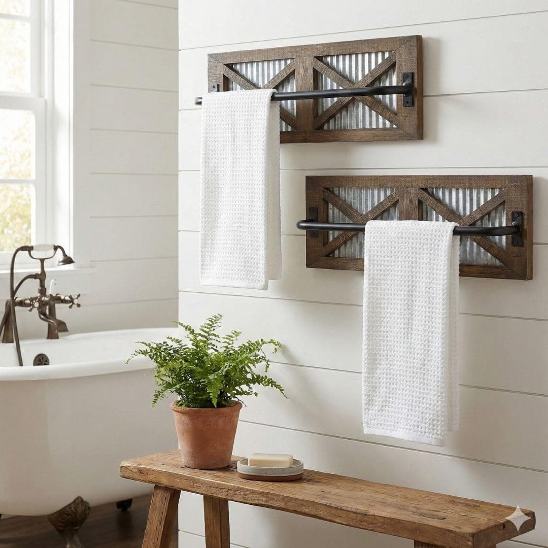 Autumn Alley Farmhouse Rustic Towel Rack Holder - Wood Towel Rack - Farmhouse Towel Holder for Rustic Bathroom and Farmhouse Kitchen Style Décor - 18" Wall Mounted, Set of 2, Rustic Brown thumbnail 2