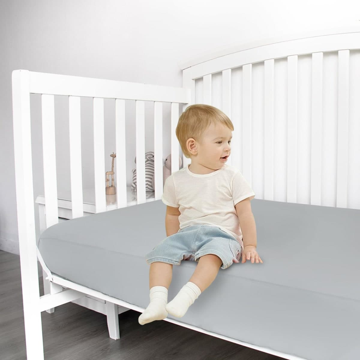 Stretchy Crib Sheets for Boys Girls, 2 Pack Baby Crib Sheets Fitted for Standard Crib and Toddler Bed Mattress 52" x 28", Soft and Breathable Fitted Crib Sheets Neutral, Grey thumbnail 5