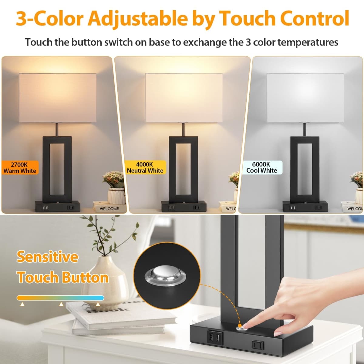 3 Color Temperatures Table Lamps for Bedrooms Set of 2, 22’’ Touch Control Bedside Nightstand Lamps with 2 USB Ports & AC Outlet, Stepless Dimmable Lamps with White Shade, Modern Decor for Living Room thumbnail 2