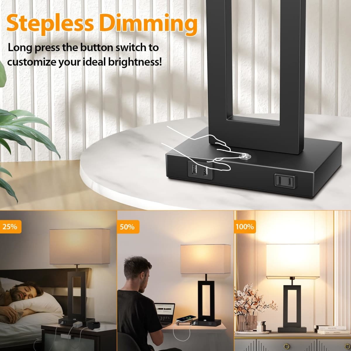 3 Color Temperatures Table Lamps for Bedrooms Set of 2, 22’’ Touch Control Bedside Nightstand Lamps with 2 USB Ports & AC Outlet, Stepless Dimmable Lamps with White Shade, Modern Decor for Living Room thumbnail 3