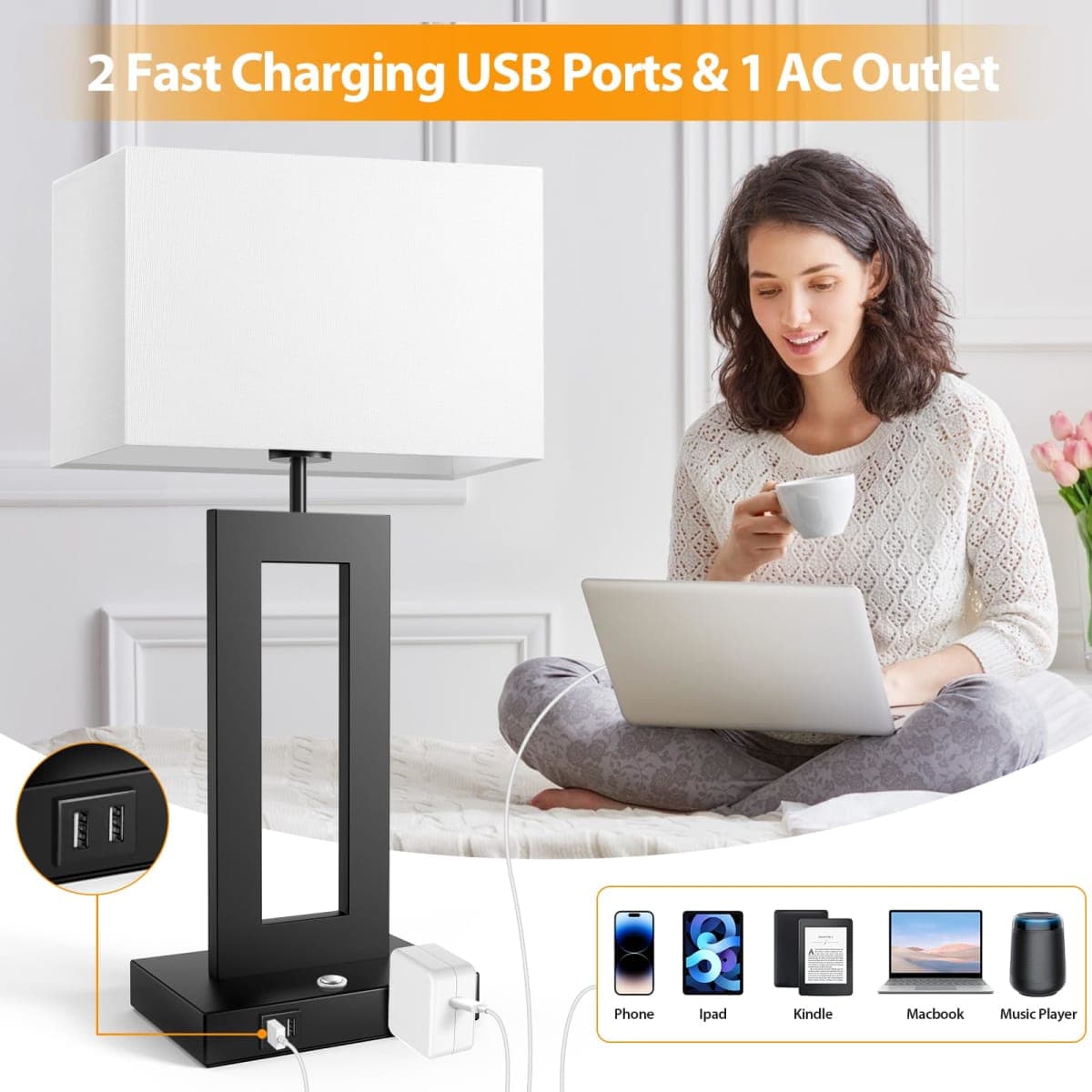 3 Color Temperatures Table Lamps for Bedrooms Set of 2, 22’’ Touch Control Bedside Nightstand Lamps with 2 USB Ports & AC Outlet, Stepless Dimmable Lamps with White Shade, Modern Decor for Living Room thumbnail 5