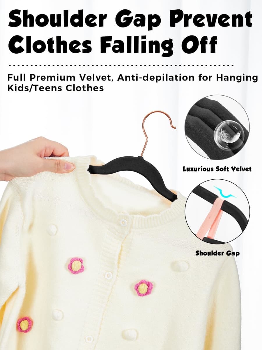 Smartor Kids Velvet Hangers 50 Pack, 14'' Inch Premium Non Slip Kids Felt Hangers for Closet, Space Saving Toddler Clothes Hanger for Youth's Childrens' Clothes Shirts, Pants, Dresses - Black thumbnail 3