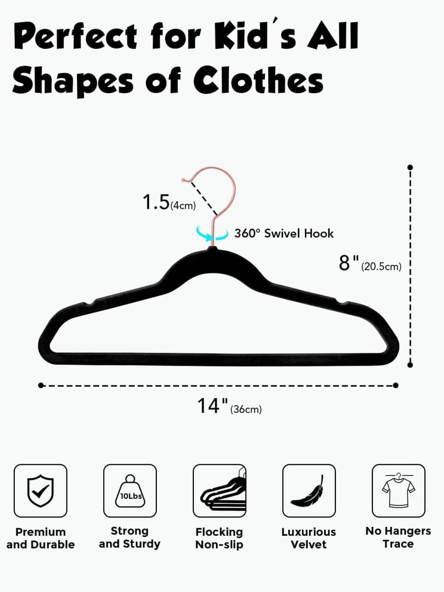 Smartor Kids Velvet Hangers 50 Pack, 14'' Inch Premium Non Slip Kids Felt Hangers for Closet, Space Saving Toddler Clothes Hanger for Youth's Childrens' Clothes Shirts, Pants, Dresses - Black thumbnail 4