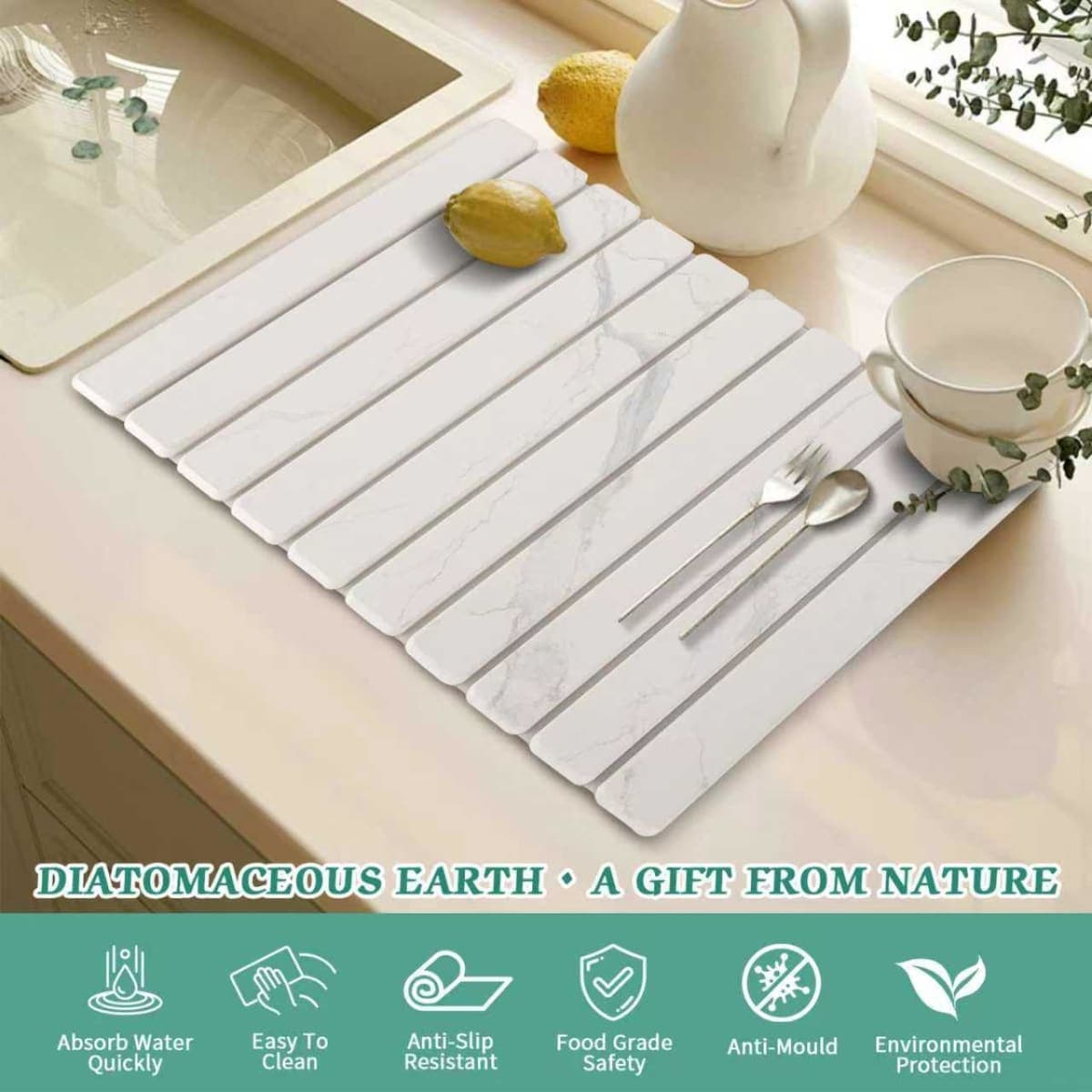 Stone Dish Drying Mat for Kitchen Counter, 24''×15'' Dishes Drying Matt Kitchen Counter, Absorbent Diatomaceous Earth Bath Quick Dry Mats for Tableware, Bottles and Cup(White Marble) thumbnail 4